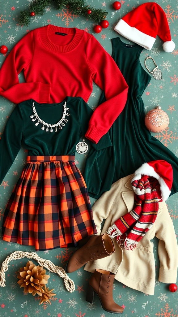 Festive Christmas Outfit Ideas for a Stylish Holiday A collection of stylish Christmas outfits including sweaters, dresses, and accessories on a festive background.